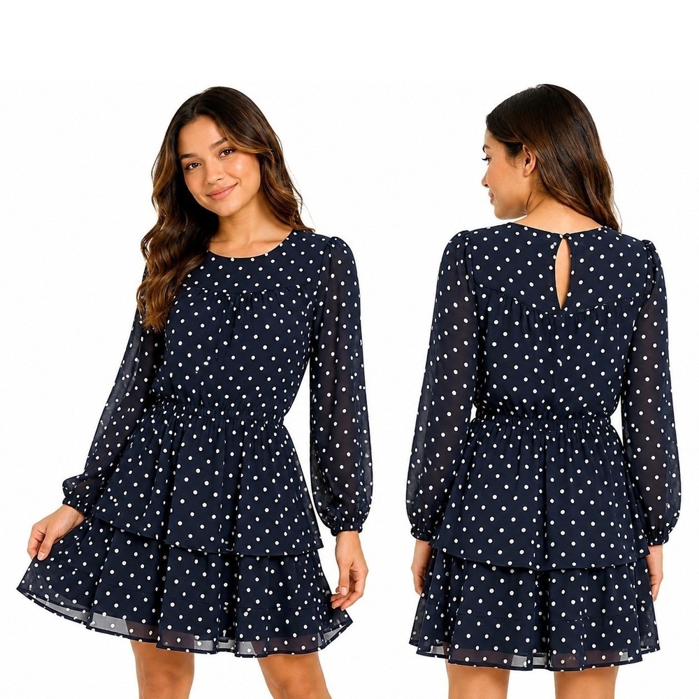 Scoop Flounce Dress Kids Size M 8-10 Navy Blue‎ White Polka Dot Long Sleeve New